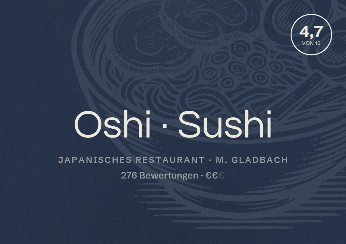 Illustriertes Poster von Oshi Sushi, Japanisches Restaurant in M. Gladbach: Bewertung 4,7 von 10 aus 276 Bewertungen, Preisniveau €€