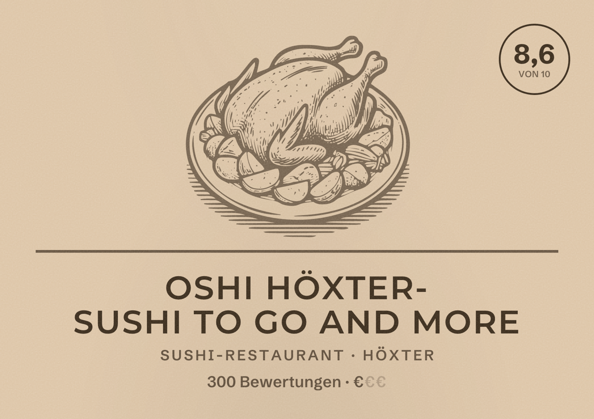 Illustriertes Poster von Oshi höxter- Sushi to go and more, Sushi-Restaurant in Höxter: Bewertung 8,6 von 10 aus 300 Bewertungen, Preisniveau €
