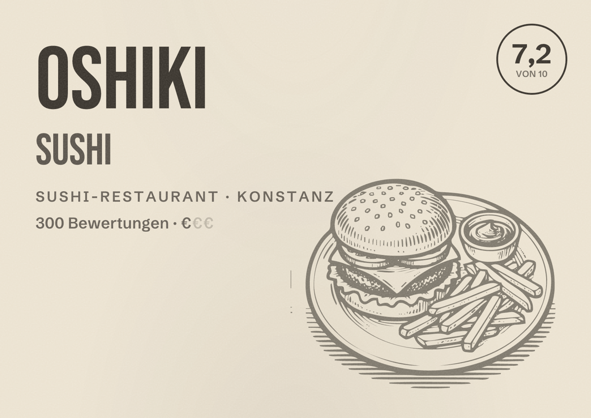 Illustriertes Poster von Oshiki Sushi, Sushi-Restaurant in Konstanz: Bewertung 7,2 von 10 aus 300 Bewertungen, Preisniveau €