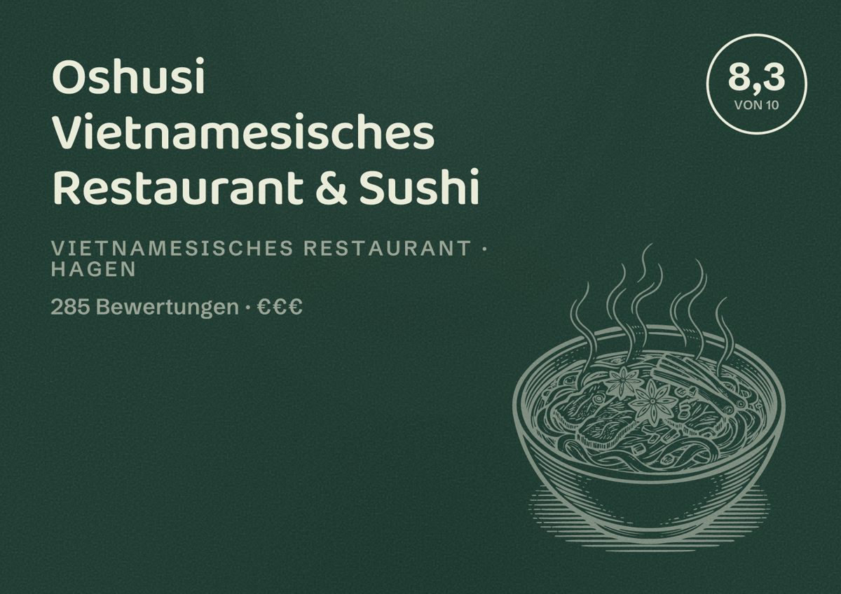 Illustriertes Poster von Oshusi Vietnamesisches Restaurant & Sushi, Vietnamesisches Restaurant in Hagen: Bewertung 8,3 von 10 aus 285 Bewertungen, Preisniveau €€€