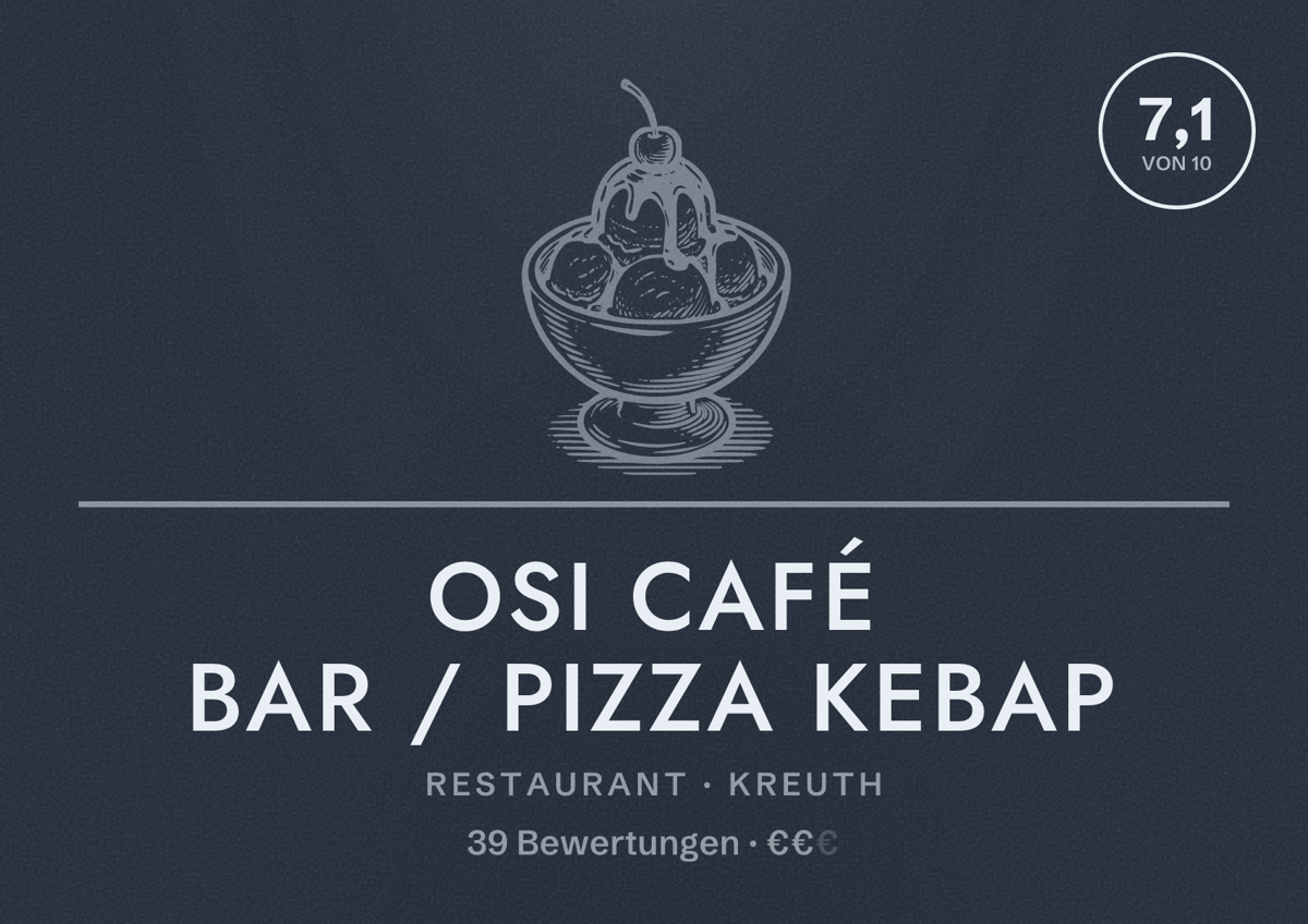 Illustriertes Poster von OSI Café Bar / Pizza Kebap, Restaurant in Kreuth: Bewertung 7,1 von 10 aus 39 Bewertungen, Preisniveau €€