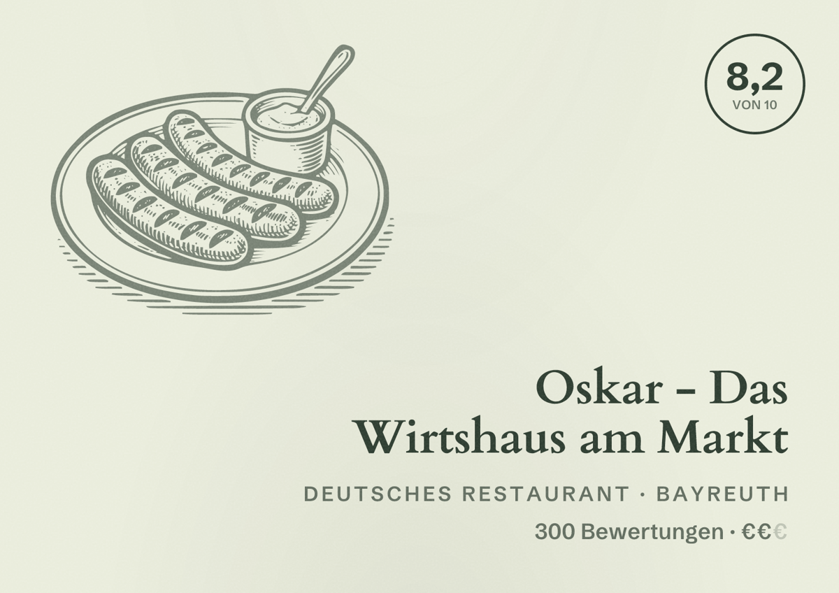 Illustriertes Poster von Oskar - Das Wirtshaus am Markt, Deutsches Restaurant in Bayreuth: Bewertung 8,2 von 10 aus 300 Bewertungen, Preisniveau €€