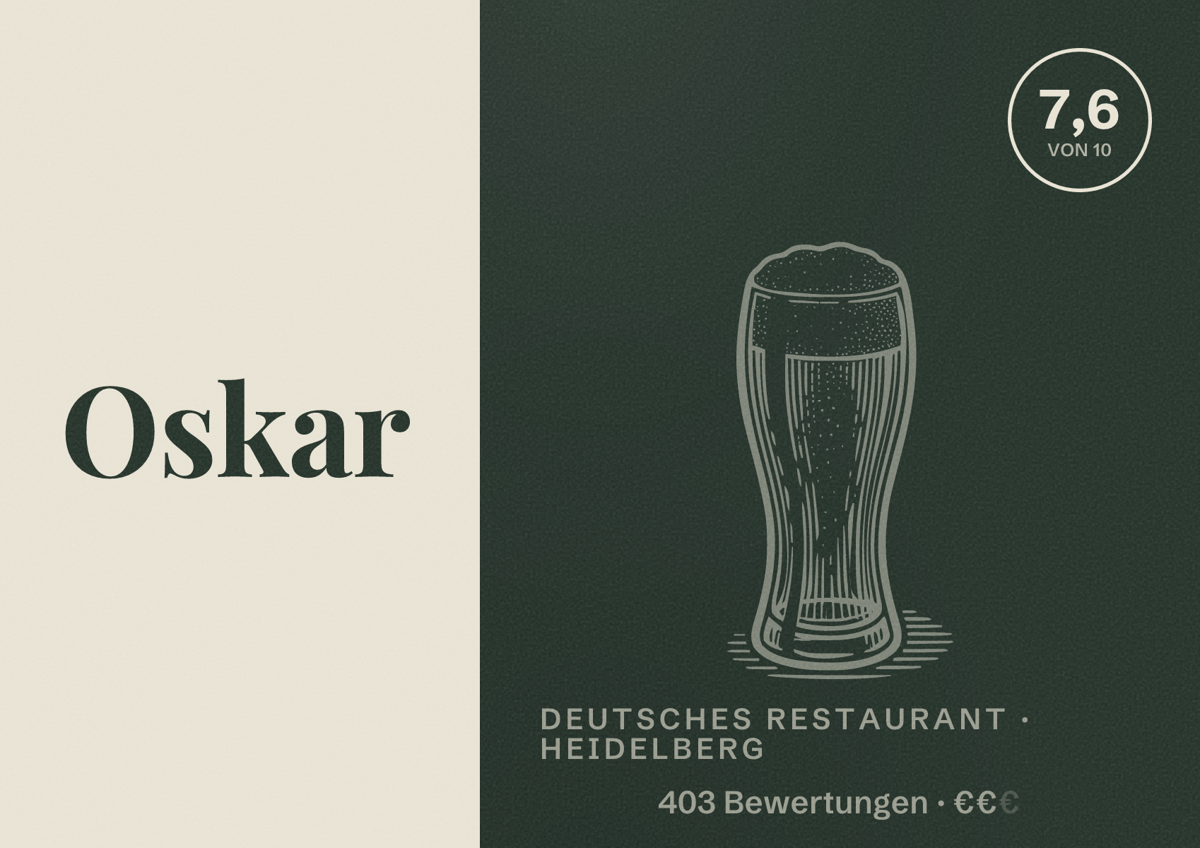 Illustriertes Poster von Oskar, Deutsches Restaurant in Heidelberg: Bewertung 7,6 von 10 aus 403 Bewertungen, Preisniveau €€