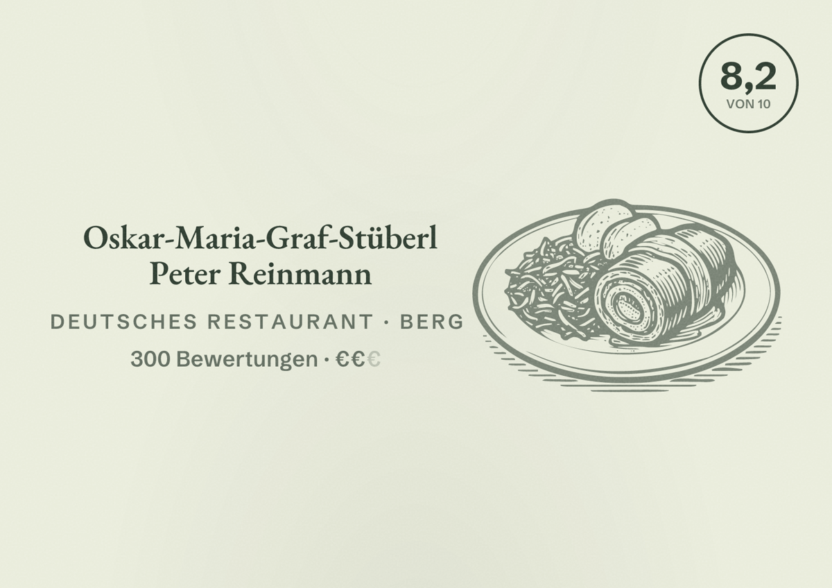 Illustriertes Poster von Oskar-Maria-Graf-Stüberl Peter Reinmann, Deutsches Restaurant in Berg: Bewertung 8,2 von 10 aus 300 Bewertungen, Preisniveau €€