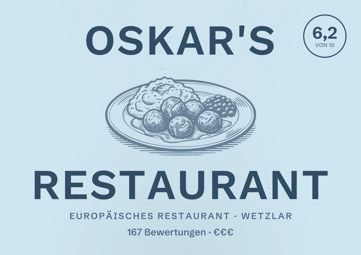 Illustriertes Poster von Oskar's Restaurant, Europäisches Restaurant in Wetzlar: Bewertung 6,2 von 10 aus 167 Bewertungen, Preisniveau €€€