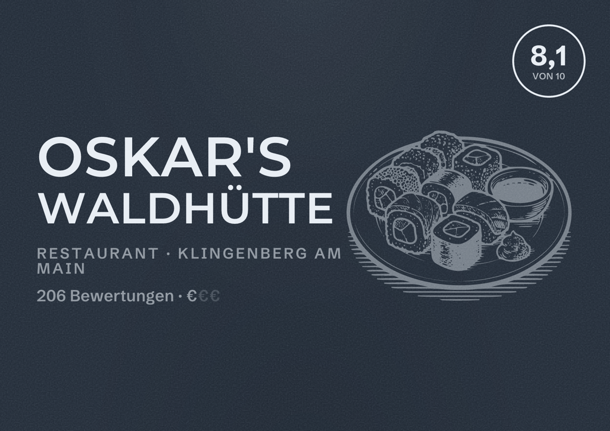 Illustriertes Poster von Oskar's Waldhütte, Restaurant in Klingenberg am Main: Bewertung 8,1 von 10 aus 206 Bewertungen, Preisniveau €