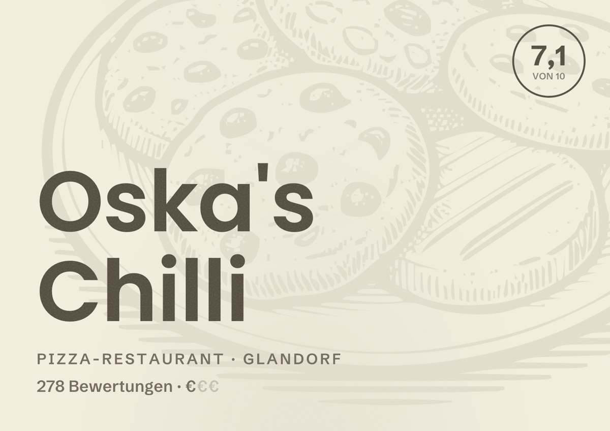 Illustriertes Poster von Oska's Chilli, Pizza-Restaurant in Glandorf: Bewertung 7,1 von 10 aus 278 Bewertungen, Preisniveau €