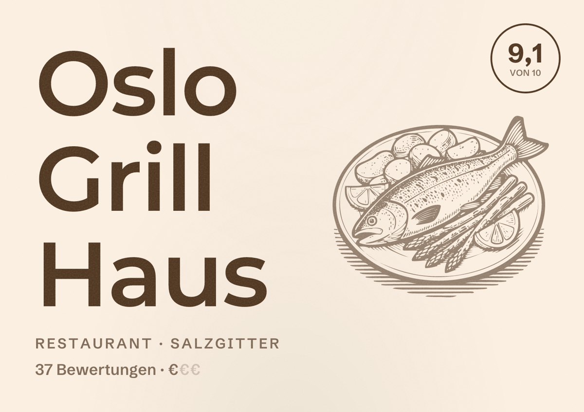 Illustriertes Poster von Oslo Grill Haus, Restaurant in Salzgitter: Bewertung 9,1 von 10 aus 37 Bewertungen, Preisniveau €