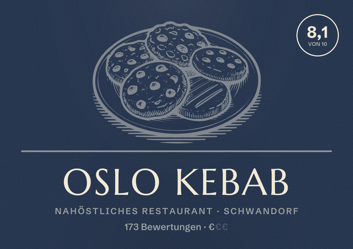 Illustriertes Poster von Oslo Kebab, Nahöstliches Restaurant in Schwandorf: Bewertung 8,1 von 10 aus 173 Bewertungen, Preisniveau €