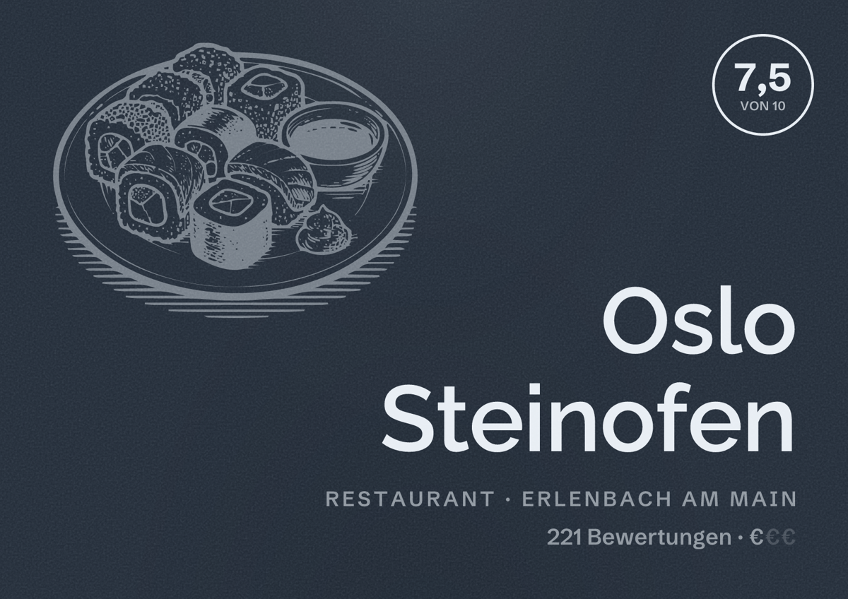 Illustriertes Poster von Oslo Steinofen, Restaurant in Erlenbach am Main: Bewertung 7,5 von 10 aus 221 Bewertungen, Preisniveau €
