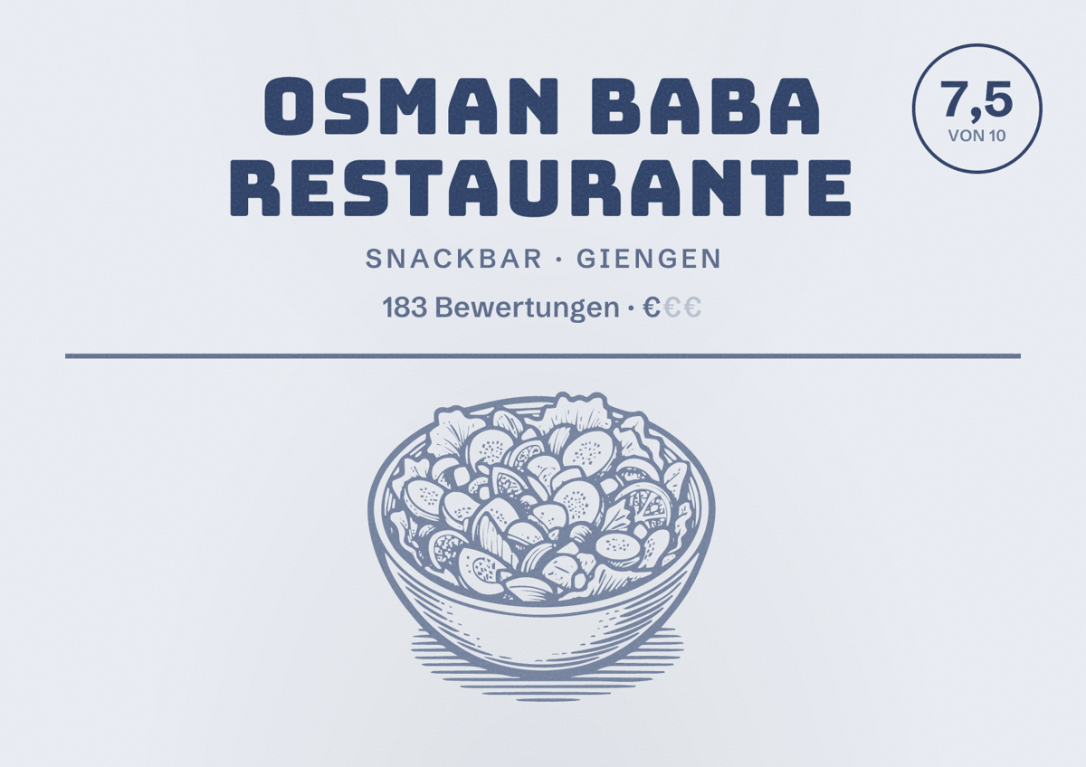 Illustriertes Poster von Osman Baba Restaurante, Snackbar in Giengen: Bewertung 7,5 von 10 aus 183 Bewertungen, Preisniveau €