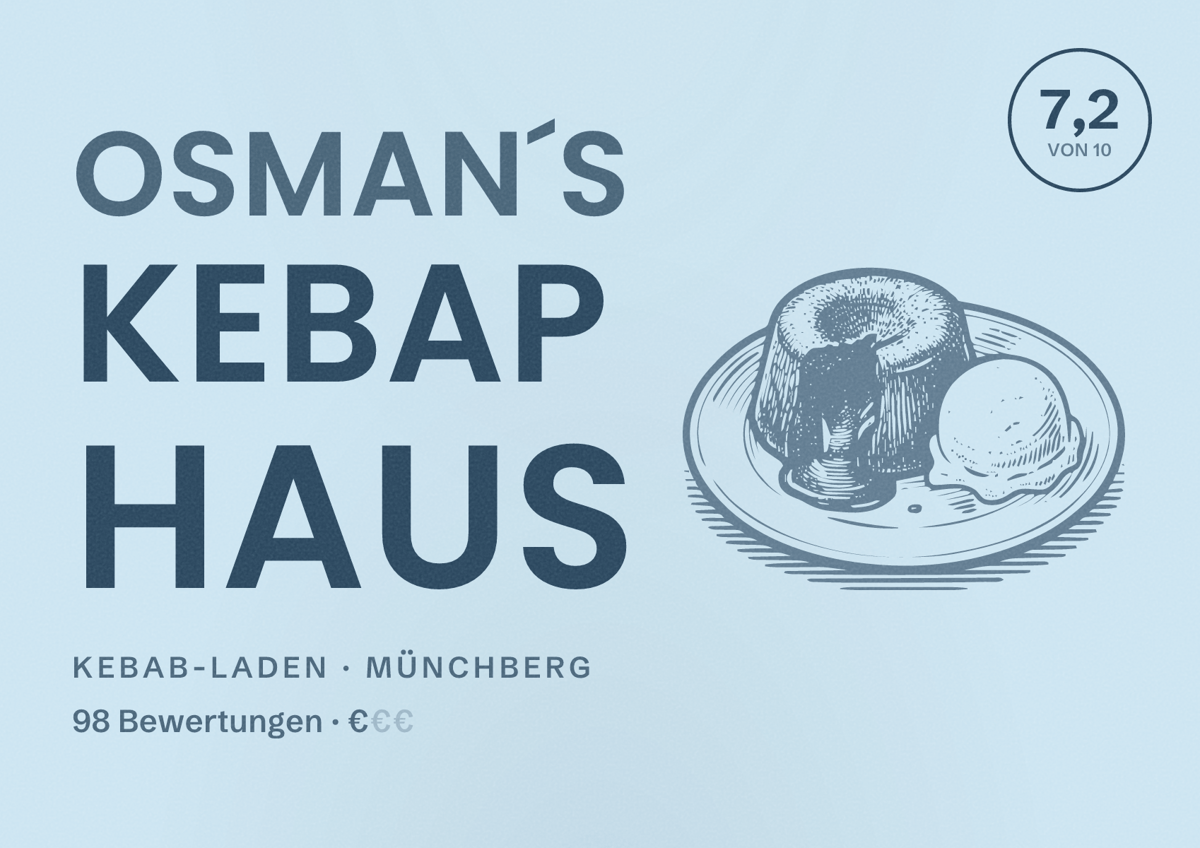 Illustriertes Poster von OSMAN´S KEBAP HAUS, Kebab-Laden in Münchberg: Bewertung 7,2 von 10 aus 98 Bewertungen, Preisniveau €