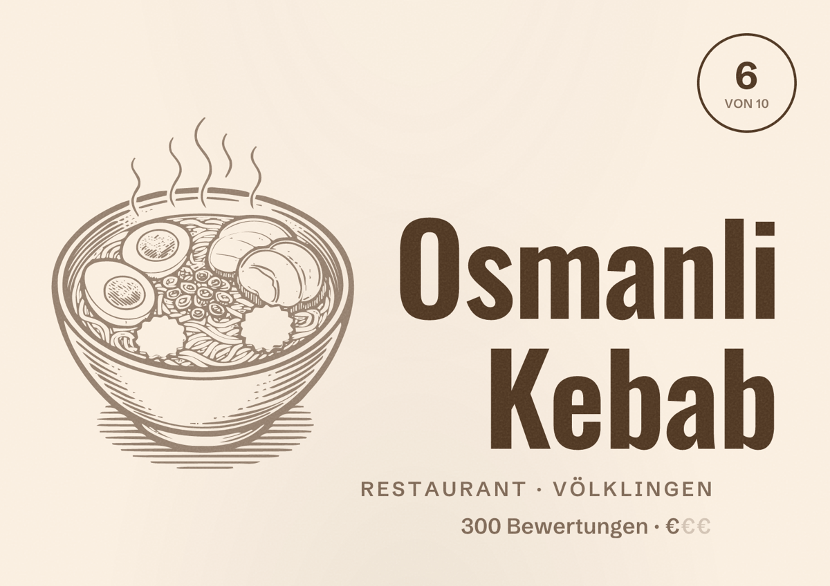 Illustriertes Poster von Osmanli Kebab, Restaurant in Völklingen: Bewertung 6 von 10 aus 300 Bewertungen, Preisniveau €