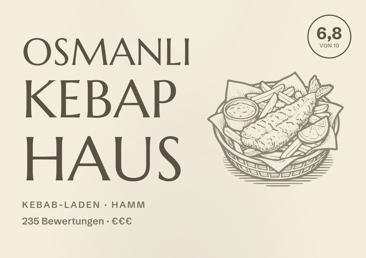 Illustriertes Poster von Osmanli Kebap Haus, Kebab-Laden in Hamm: Bewertung 6,8 von 10 aus 235 Bewertungen, Preisniveau €€€
