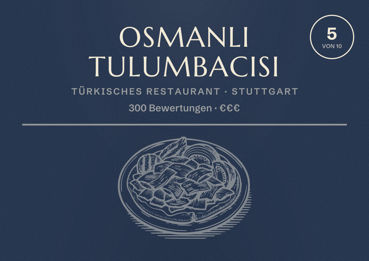 Illustriertes Poster von Osmanli Tulumbacisi, Türkisches Restaurant in Stuttgart: Bewertung 5,0 von 10 aus 300 Bewertungen, Preisniveau €€€