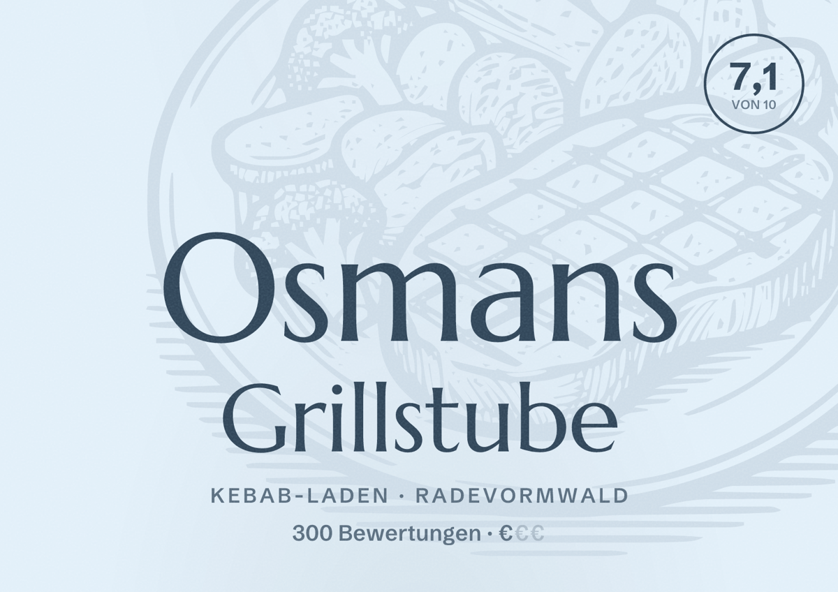 Illustriertes Poster von Osmans Grillstube, Kebab-Laden in Radevormwald: Bewertung 7,1 von 10 aus 300 Bewertungen, Preisniveau €