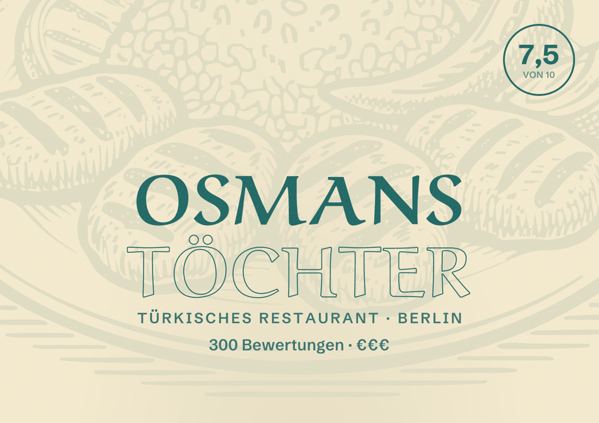 Illustriertes Poster von Osmans Töchter, Türkisches Restaurant in Berlin: Bewertung 7,5 von 10 aus 300 Bewertungen, Preisniveau €€€