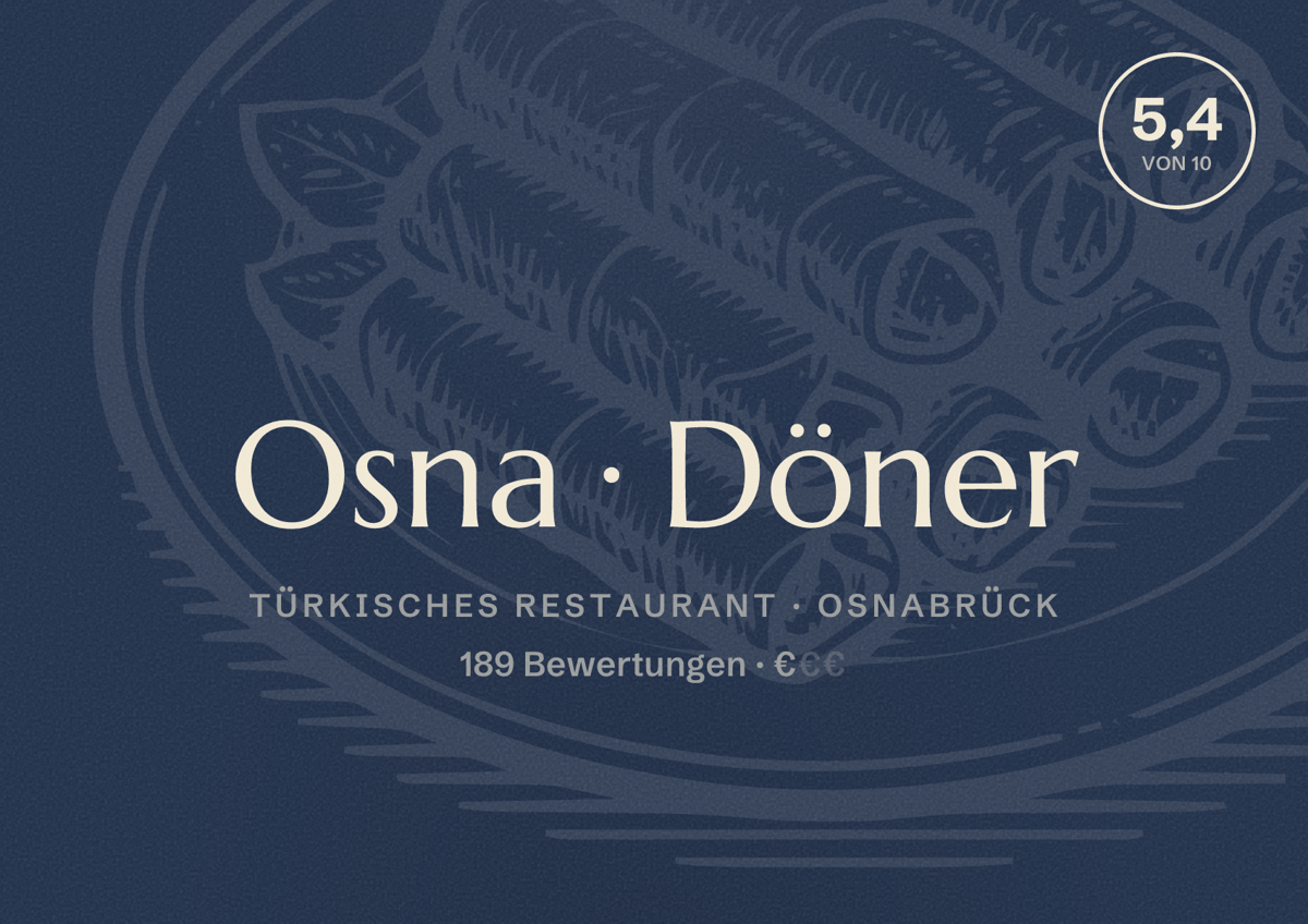 Illustriertes Poster von Osna Döner, Türkisches Restaurant in Osnabrück: Bewertung 5,4 von 10 aus 189 Bewertungen, Preisniveau €