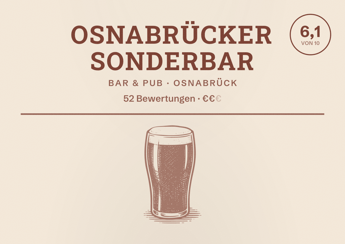 Illustriertes Poster von Osnabrücker SonderBar, Bar & Pub in Osnabrück: Bewertung 6,1 von 10 aus 52 Bewertungen, Preisniveau €€