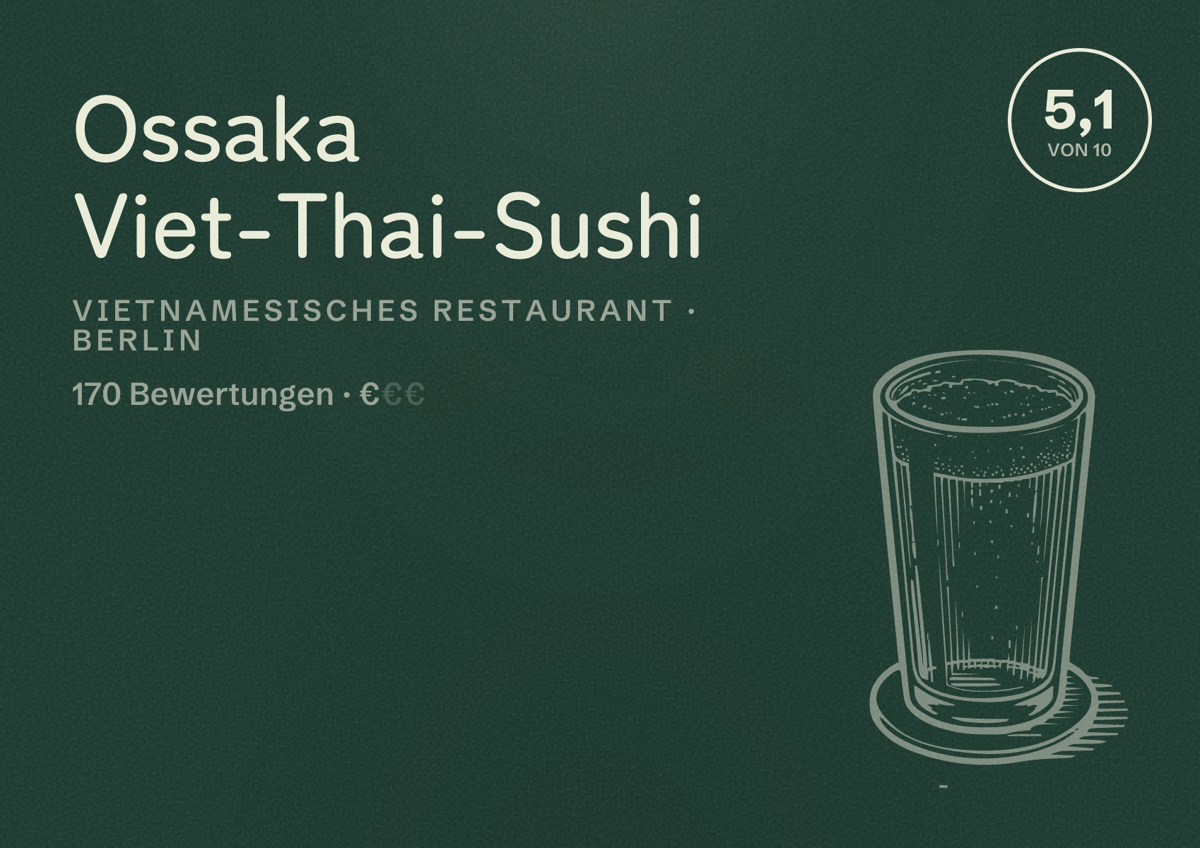 Illustriertes Poster von Ossaka Viet-Thai-Sushi, Vietnamesisches Restaurant in Berlin: Bewertung 5,1 von 10 aus 170 Bewertungen, Preisniveau €