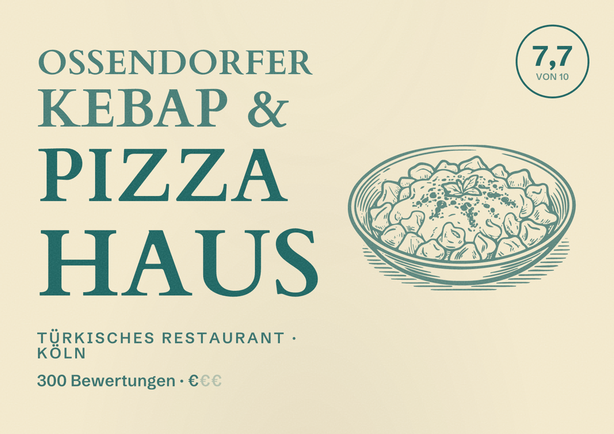 Illustriertes Poster von Ossendorfer Kebap & Pizza Haus, Türkisches Restaurant in Köln: Bewertung 7,7 von 10 aus 300 Bewertungen, Preisniveau €