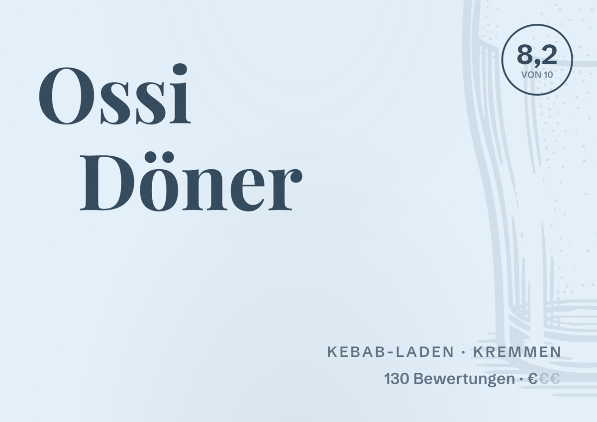 Illustriertes Poster von Ossi Döner, Kebab-Laden in Kremmen: Bewertung 8,2 von 10 aus 130 Bewertungen, Preisniveau €
