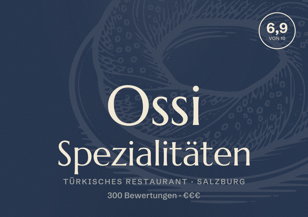 Illustriertes Poster von Ossi Spezialitäten, Türkisches Restaurant in Salzburg: Bewertung 6,9 von 10 aus 300 Bewertungen, Preisniveau €€€
