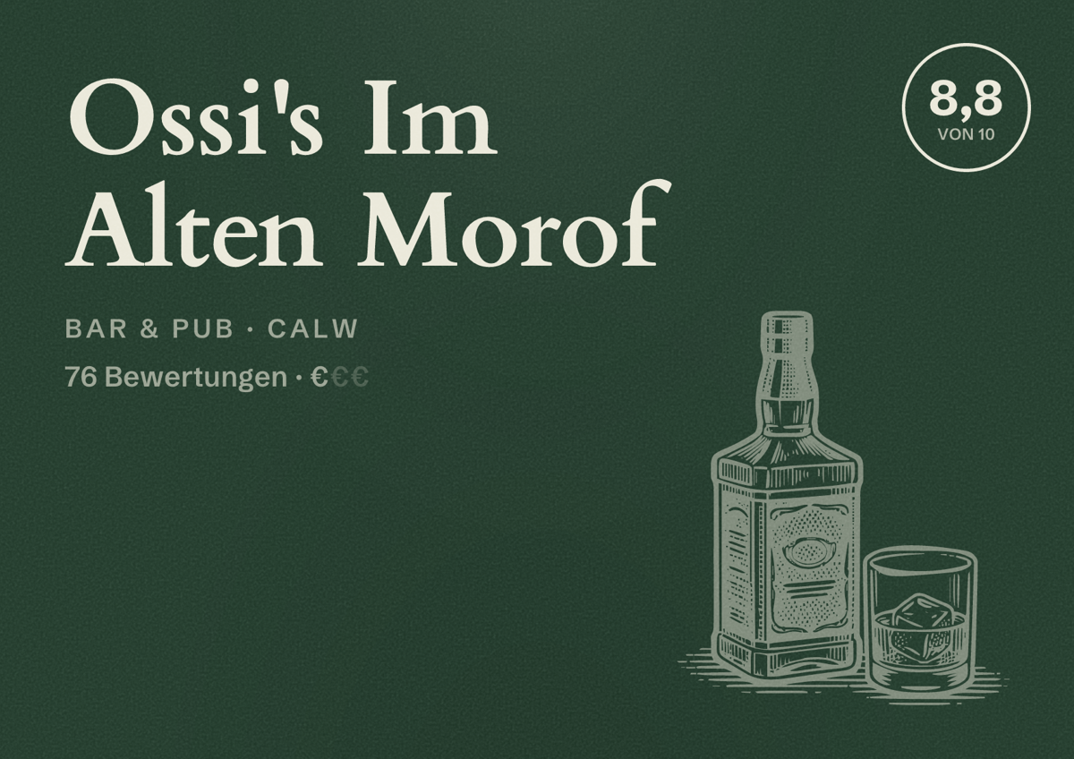 Illustriertes Poster von Ossi's Im Alten Morof, Bar & Pub in Calw: Bewertung 8,8 von 10 aus 76 Bewertungen, Preisniveau €