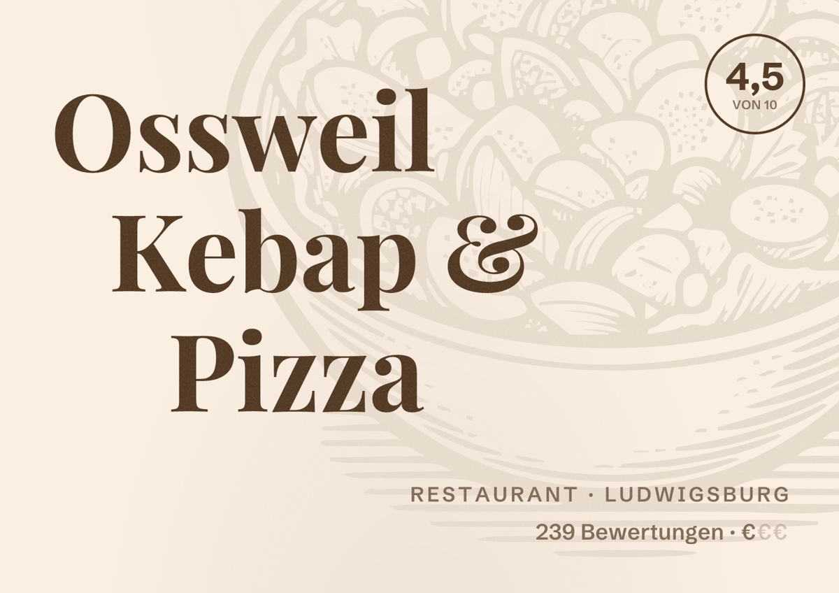 Illustriertes Poster von Ossweil Kebap & Pizza, Restaurant in Ludwigsburg: Bewertung 4,5 von 10 aus 239 Bewertungen, Preisniveau €