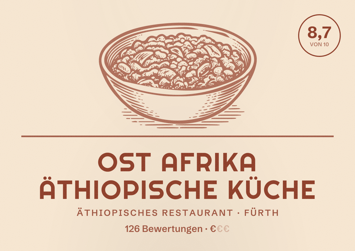 Illustriertes Poster von OST AFRIKA ÄTHIOPISCHE KÜCHE, Äthiopisches Restaurant in Fürth: Bewertung 8,7 von 10 aus 126 Bewertungen, Preisniveau €