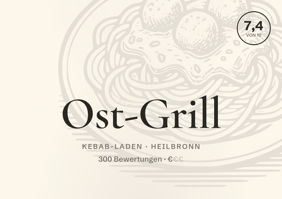Illustriertes Poster von Ost-Grill, Kebab-Laden in Heilbronn: Bewertung 7,4 von 10 aus 300 Bewertungen, Preisniveau €