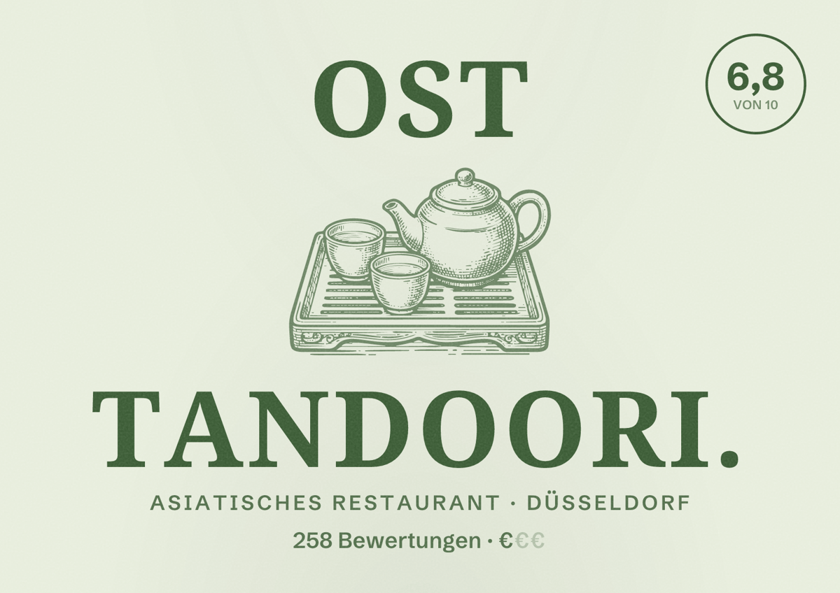 Illustriertes Poster von Ost Tandoori., Asiatisches Restaurant in Düsseldorf: Bewertung 6,8 von 10 aus 258 Bewertungen, Preisniveau €