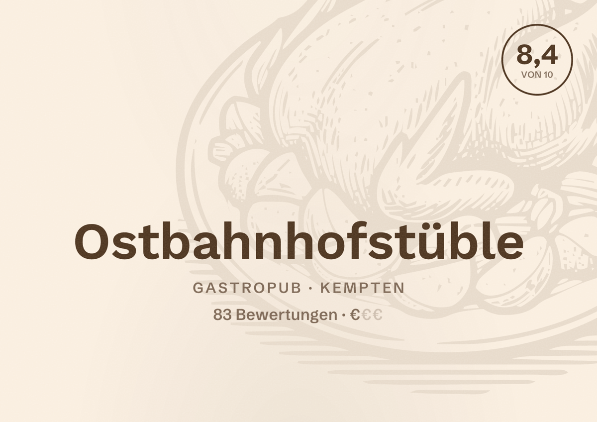 Illustriertes Poster von Ostbahnhofstüble, Gastropub in Kempten: Bewertung 8,4 von 10 aus 83 Bewertungen, Preisniveau €