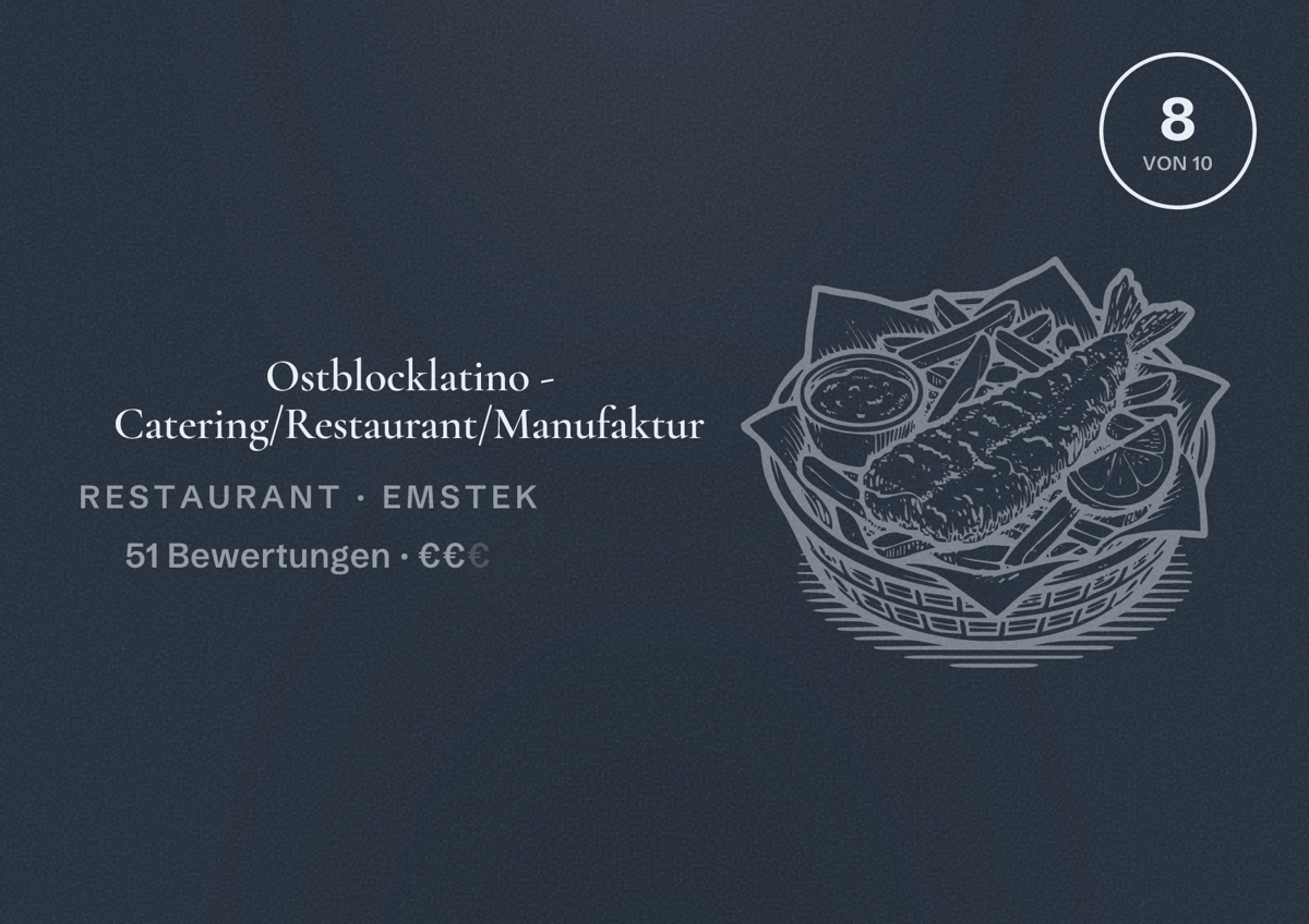 Illustriertes Poster von Ostblocklatino - Catering/Restaurant/Manufaktur, Restaurant in Emstek: Bewertung 8 von 10 aus 51 Bewertungen, Preisniveau €€