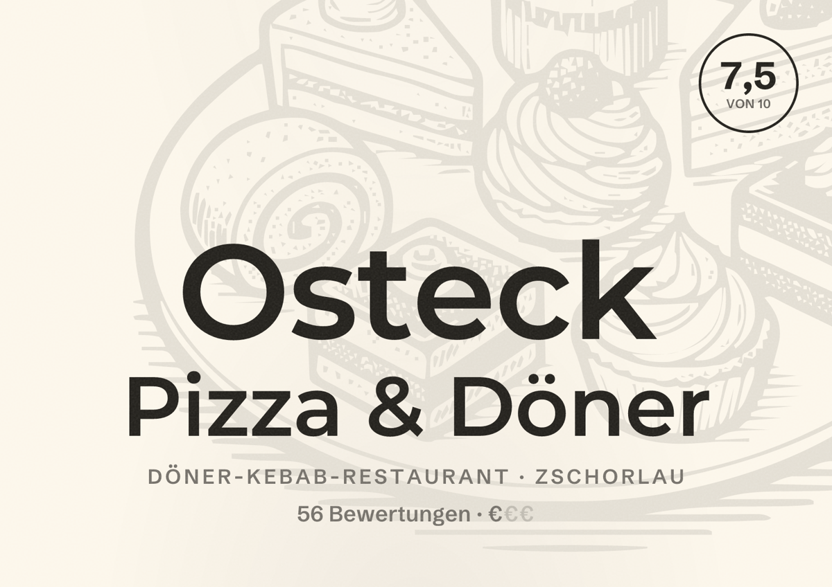 Illustriertes Poster von Osteck Pizza & Döner, Döner-Kebab-Restaurant in Zschorlau: Bewertung 7,5 von 10 aus 56 Bewertungen, Preisniveau €