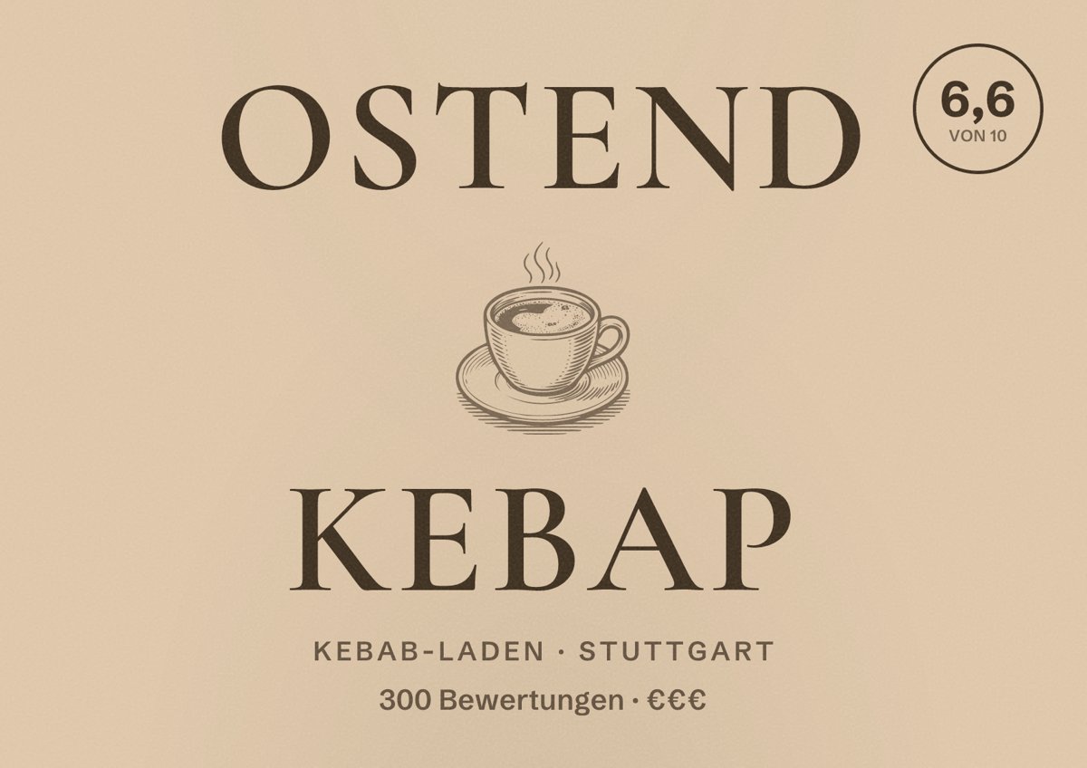 Illustriertes Poster von Ostend Kebap, Kebab-Laden in Stuttgart: Bewertung 6,6 von 10 aus 300 Bewertungen, Preisniveau €€€