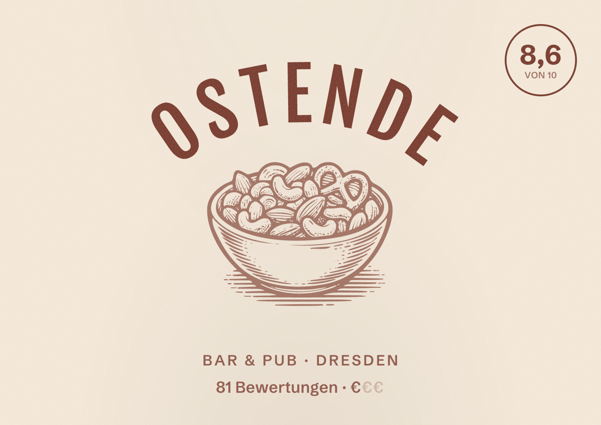 Illustriertes Poster von ostende, Bar & Pub in Dresden: Bewertung 8,6 von 10 aus 81 Bewertungen, Preisniveau €
