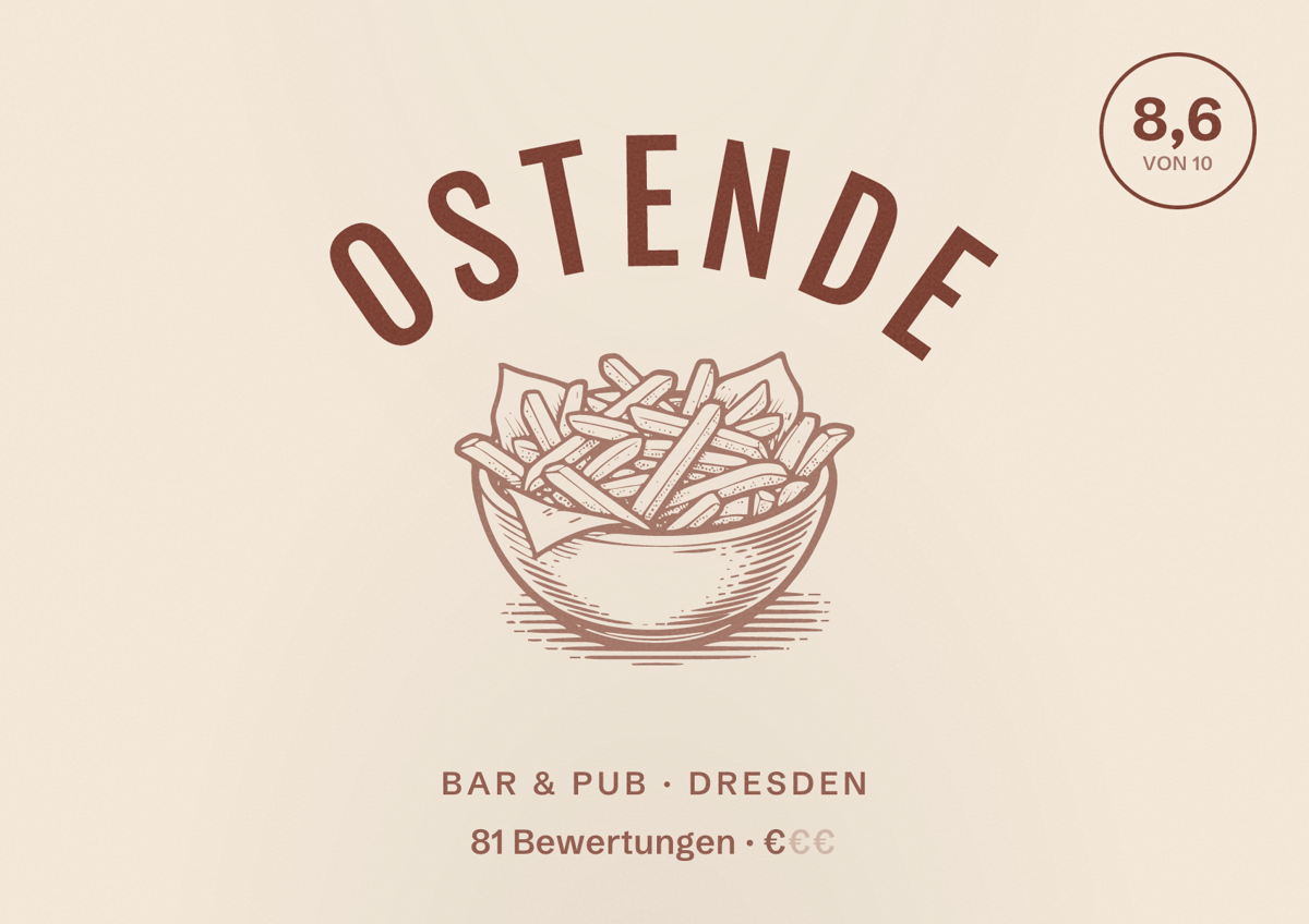 Illustriertes Poster von ostende, Bar & Pub in Dresden: Bewertung 8,6 von 10 aus 81 Bewertungen, Preisniveau €