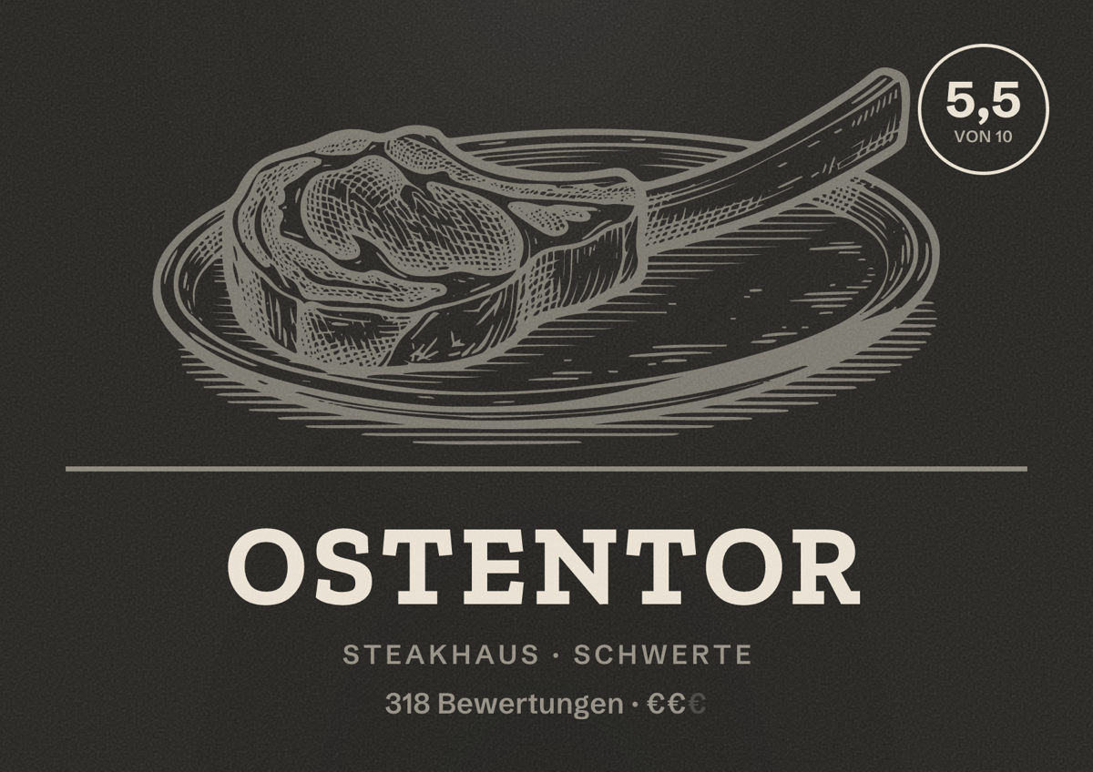 Illustriertes Poster von Ostentor, Steakhaus in Schwerte: Bewertung 5,5 von 10 aus 318 Bewertungen, Preisniveau €€