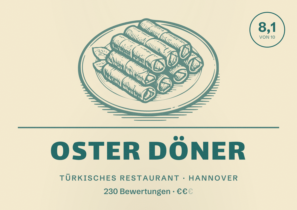 Illustriertes Poster von Oster Döner, Türkisches Restaurant in Hannover: Bewertung 8,1 von 10 aus 230 Bewertungen, Preisniveau €€