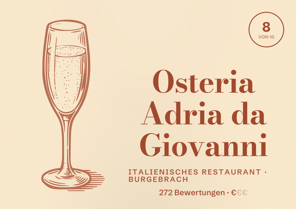 Illustriertes Poster von Osteria Adria da Giovanni, Italienisches Restaurant in Burgebrach: Bewertung 8 von 10 aus 272 Bewertungen, Preisniveau €