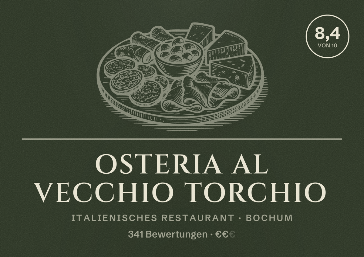 Illustriertes Poster von Osteria al Vecchio Torchio, Italienisches Restaurant in Bochum: Bewertung 8,4 von 10 aus 341 Bewertungen, Preisniveau €€
