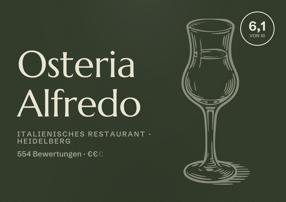Illustriertes Poster von Osteria Alfredo, Italienisches Restaurant in Heidelberg: Bewertung 6,1 von 10 aus 554 Bewertungen, Preisniveau €€