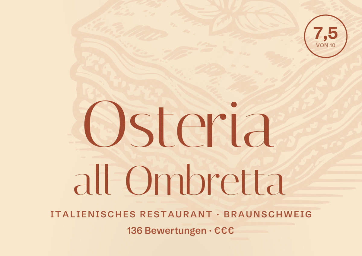 Illustriertes Poster von Osteria all Ombretta, Italienisches Restaurant in Braunschweig: Bewertung 7,5 von 10 aus 136 Bewertungen, Preisniveau €€€
