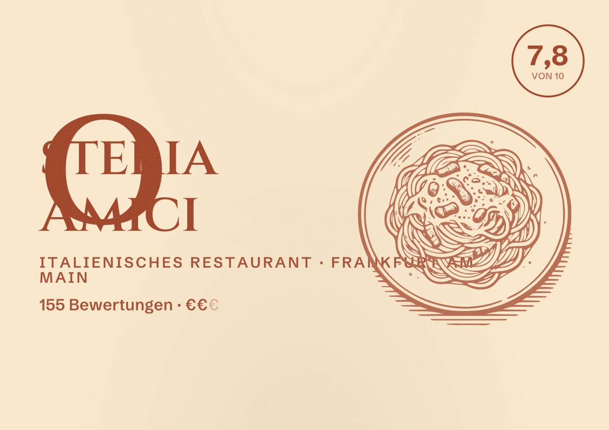 Illustriertes Poster von Osteria Amici, Italienisches Restaurant in Frankfurt am Main: Bewertung 7,8 von 10 aus 155 Bewertungen, Preisniveau €€