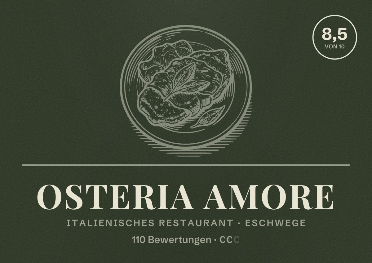 Illustriertes Poster von Osteria Amore, Italienisches Restaurant in Eschwege: Bewertung 8,5 von 10 aus 110 Bewertungen, Preisniveau €€