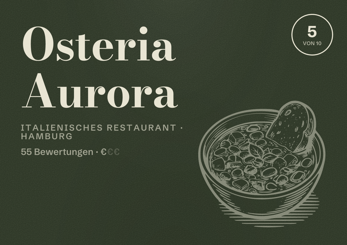 Illustriertes Poster von Osteria Aurora, Italienisches Restaurant in Hamburg: Bewertung 5 von 10 aus 55 Bewertungen, Preisniveau €
