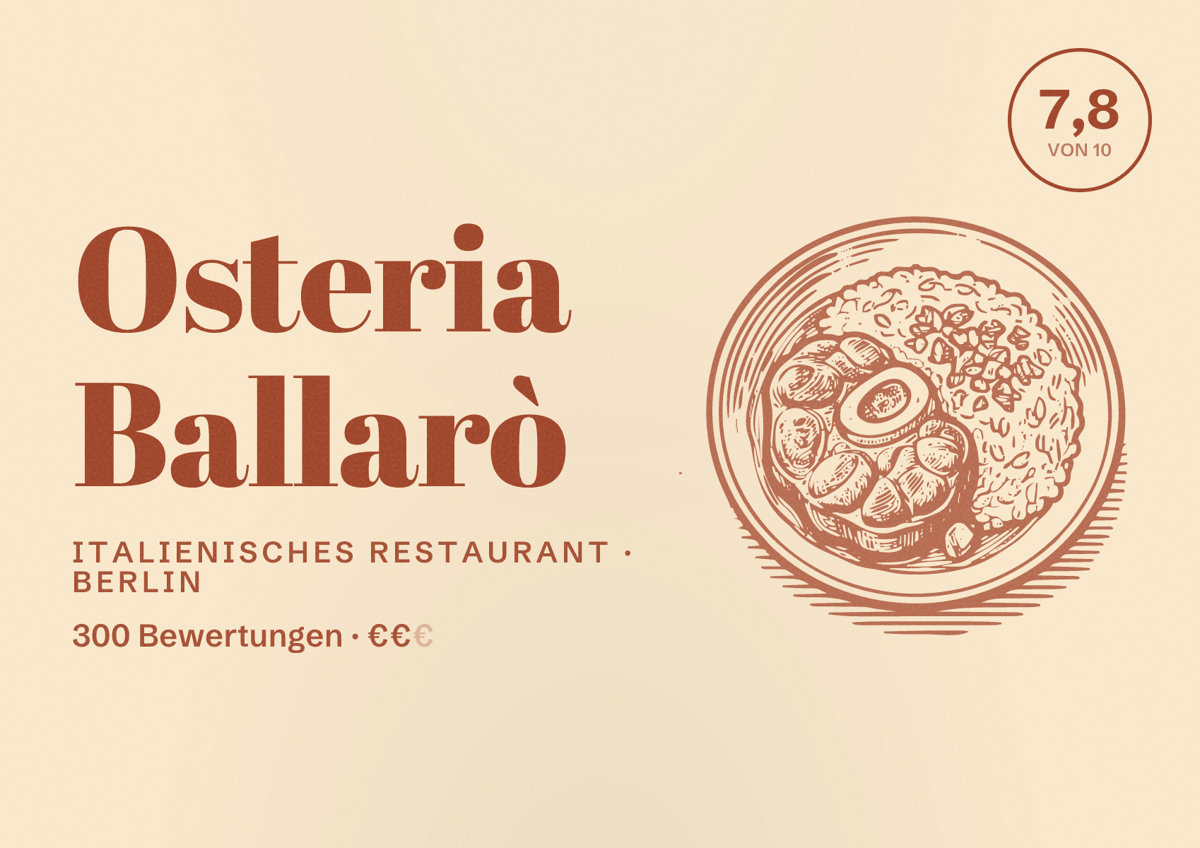 Illustriertes Poster von Osteria Ballarò, Italienisches Restaurant in Berlin: Bewertung 7,8 von 10 aus 300 Bewertungen, Preisniveau €€