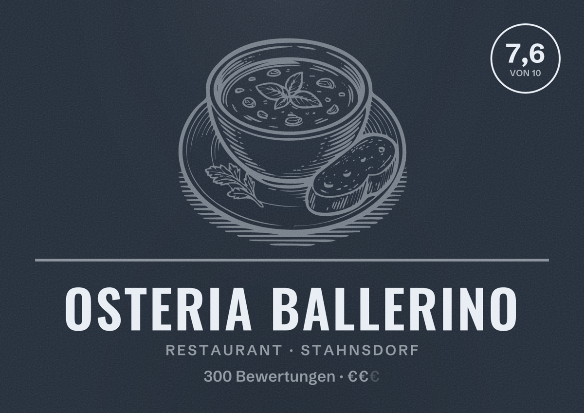 Illustriertes Poster von Osteria Ballerino, Restaurant in Stahnsdorf: Bewertung 7,6 von 10 aus 300 Bewertungen, Preisniveau €€