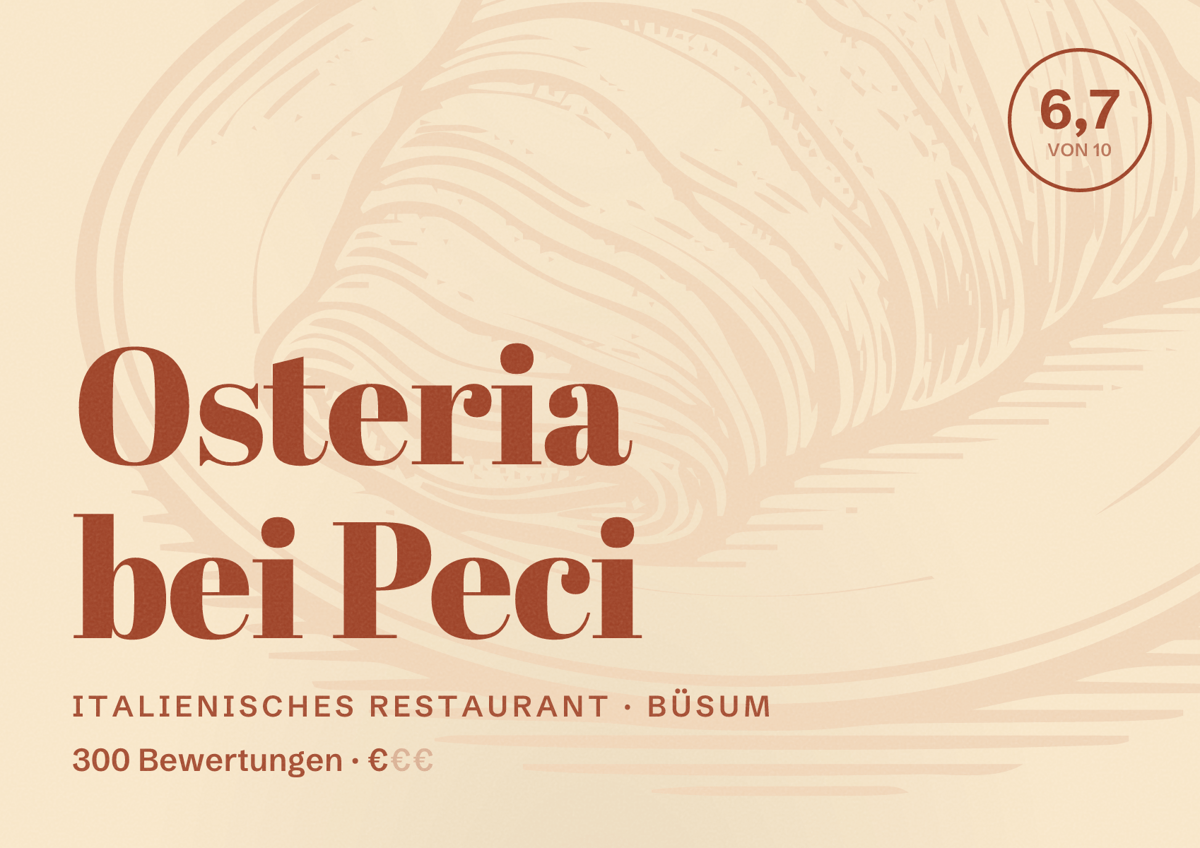 Illustriertes Poster von Osteria bei Peci, Italienisches Restaurant in Büsum: Bewertung 6,7 von 10 aus 300 Bewertungen, Preisniveau €